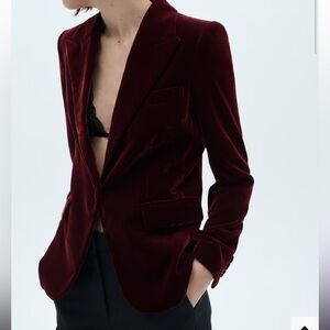 Mango Velvet Blazer Jacket - Burgundy